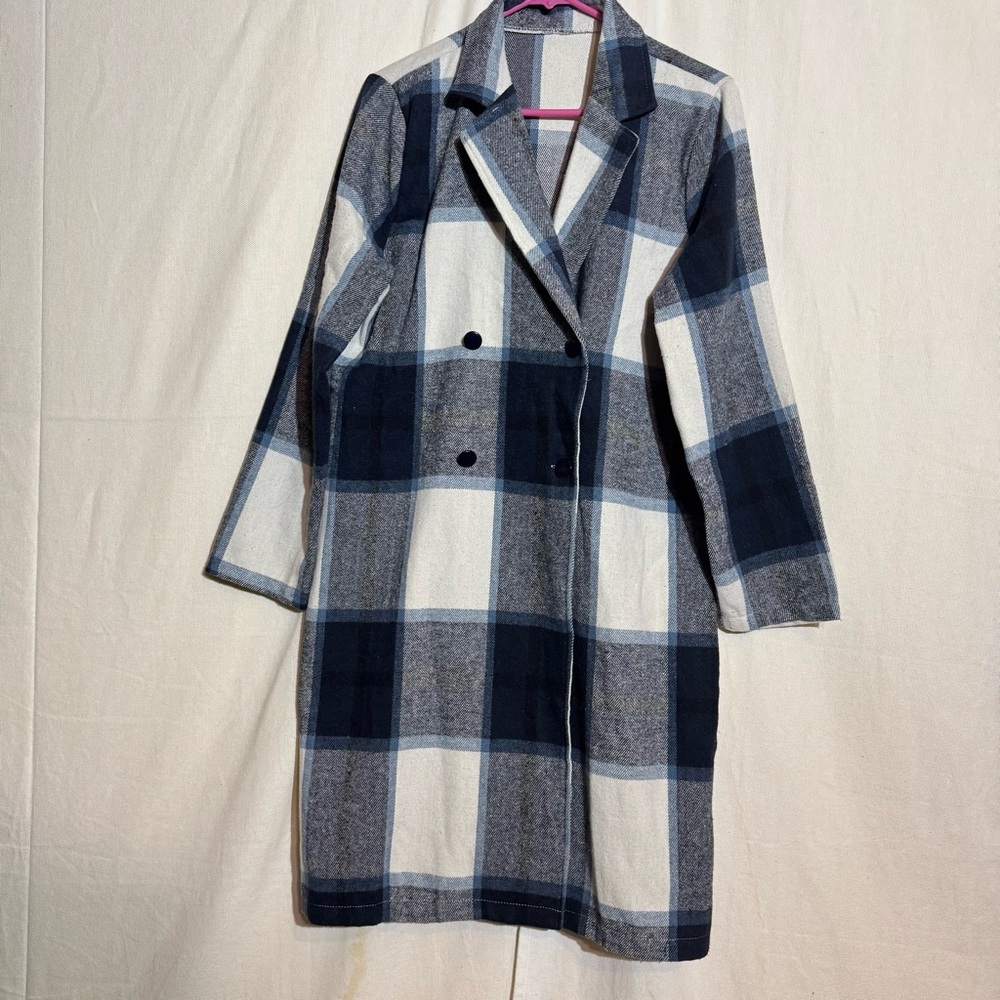 Blue, white Plaid Double-Breasted Women's duster coat size extra large ap2